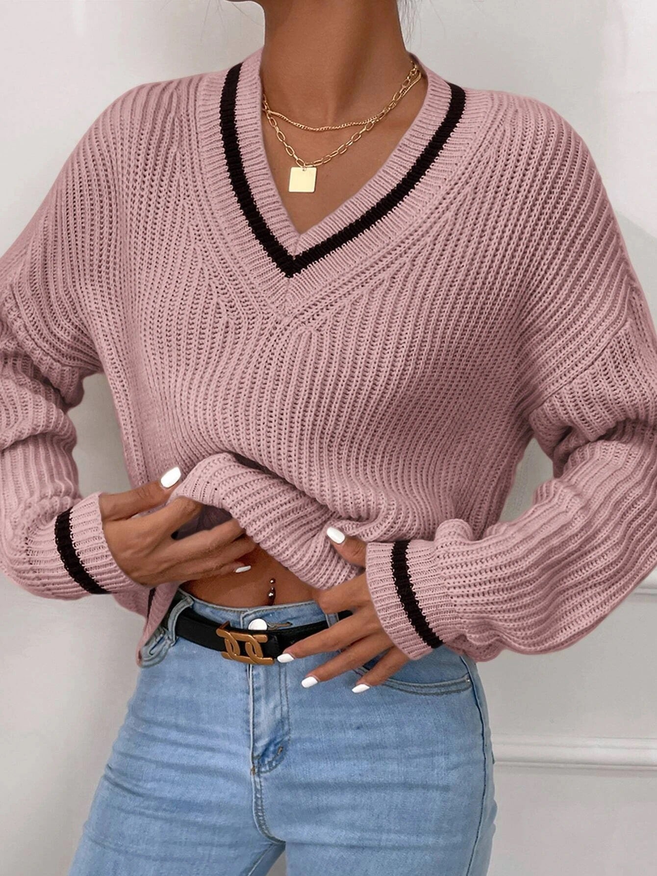 Winter Knit V Neck Long Sleeve Striped Sweater Jumper Top