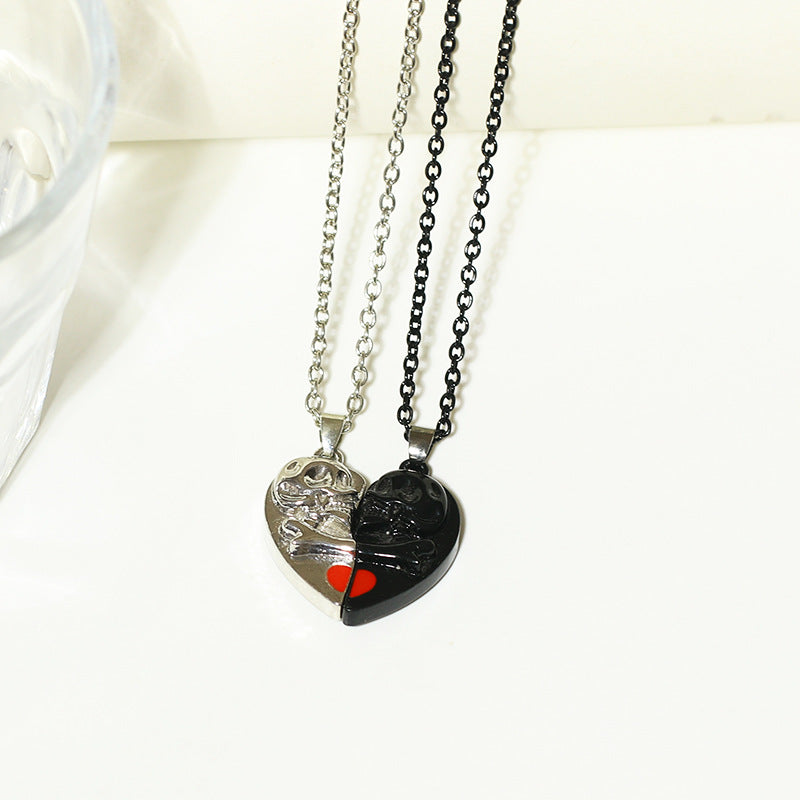 Magnetic Stitching Love Skull Couple Necklace