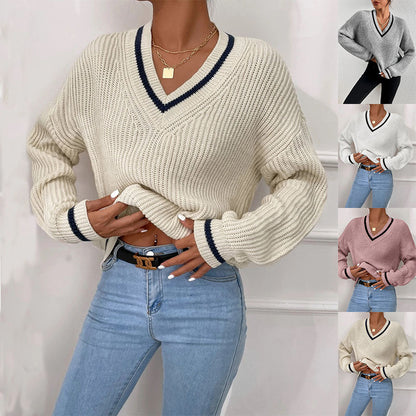 Winter Knit V Neck Long Sleeve Striped Sweater Jumper Top