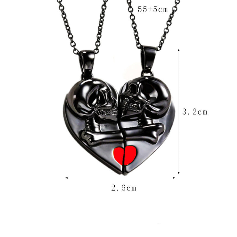 Magnetic Stitching Love Skull Couple Necklace