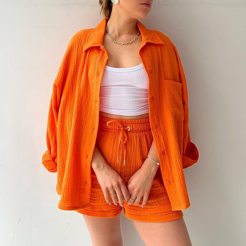 Spring Long Sleeve Shirt & High Waist Drawstring Shorts