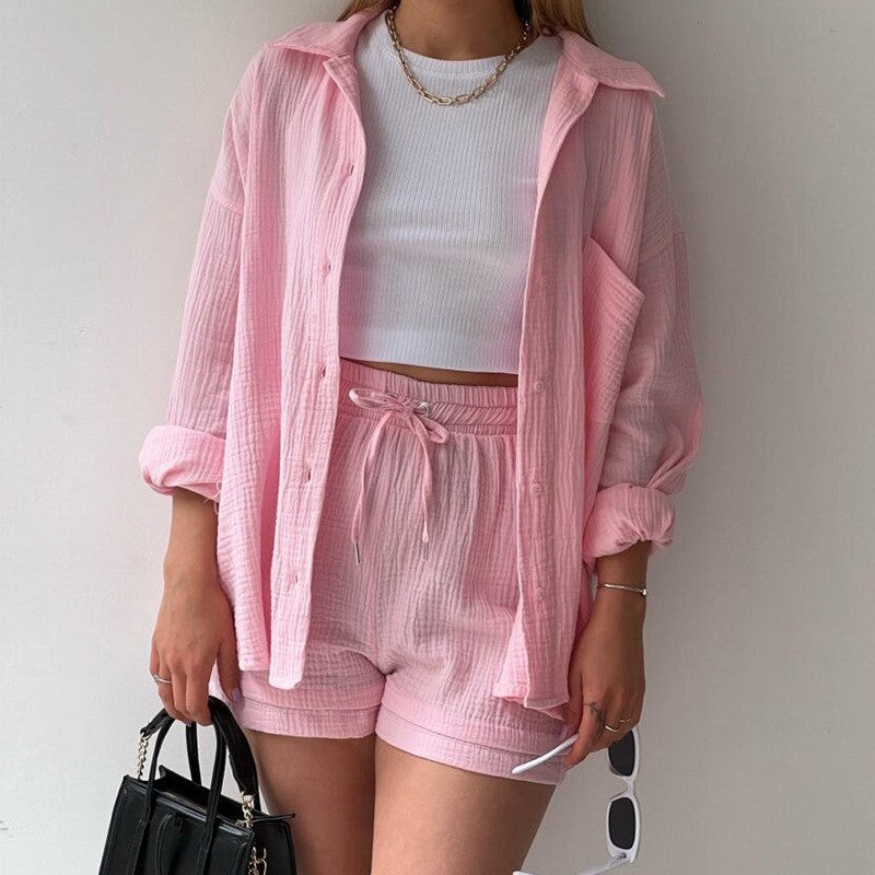 Spring Long Sleeve Shirt & High Waist Drawstring Shorts