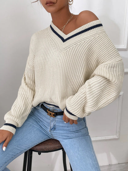 Winter Knit V Neck Long Sleeve Striped Sweater Jumper Top