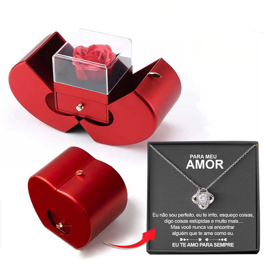 Necklace Encased in an Eternal Rose Red Apple Jewelry Box