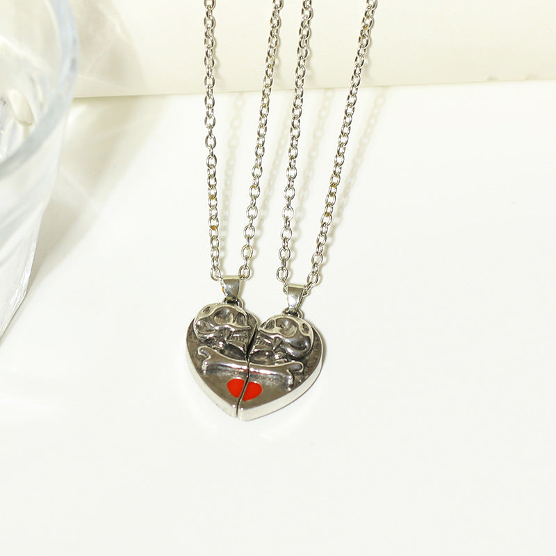 Magnetic Stitching Love Skull Couple Necklace