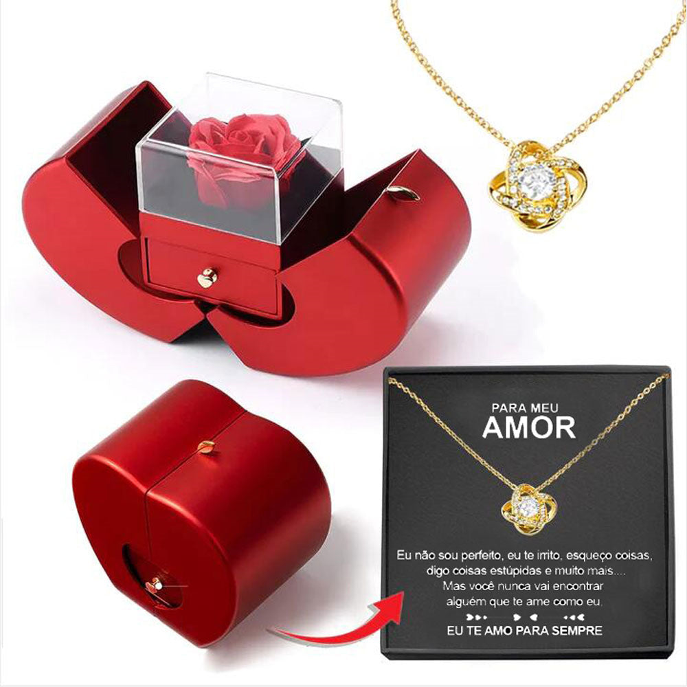 Necklace Encased in an Eternal Rose Red Apple Jewelry Box