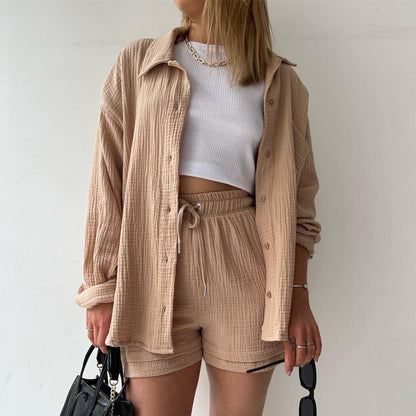 Spring Long Sleeve Shirt & High Waist Drawstring Shorts