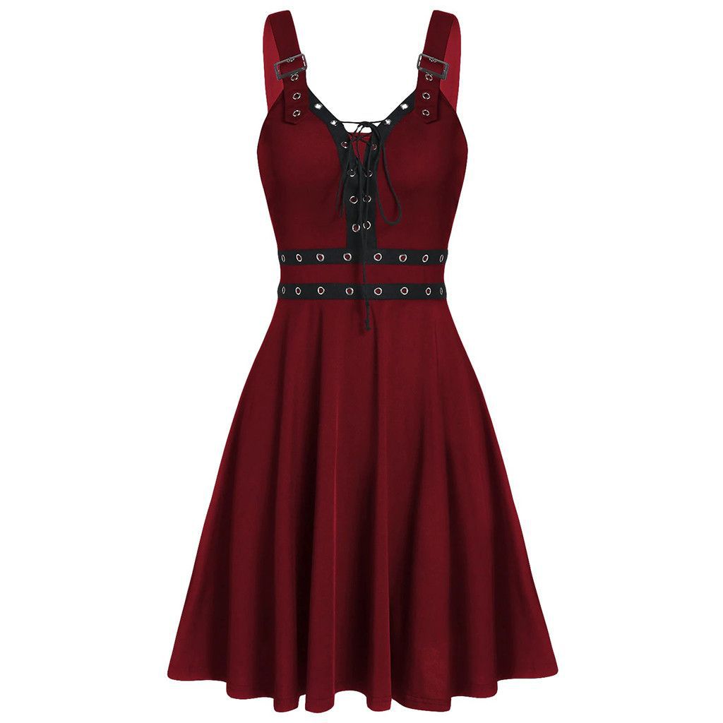 Women's Gothic Punk Paneled Lace-Up Slip Dress