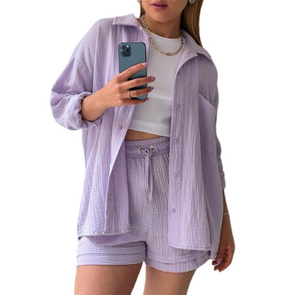 Spring Long Sleeve Shirt & High Waist Drawstring Shorts