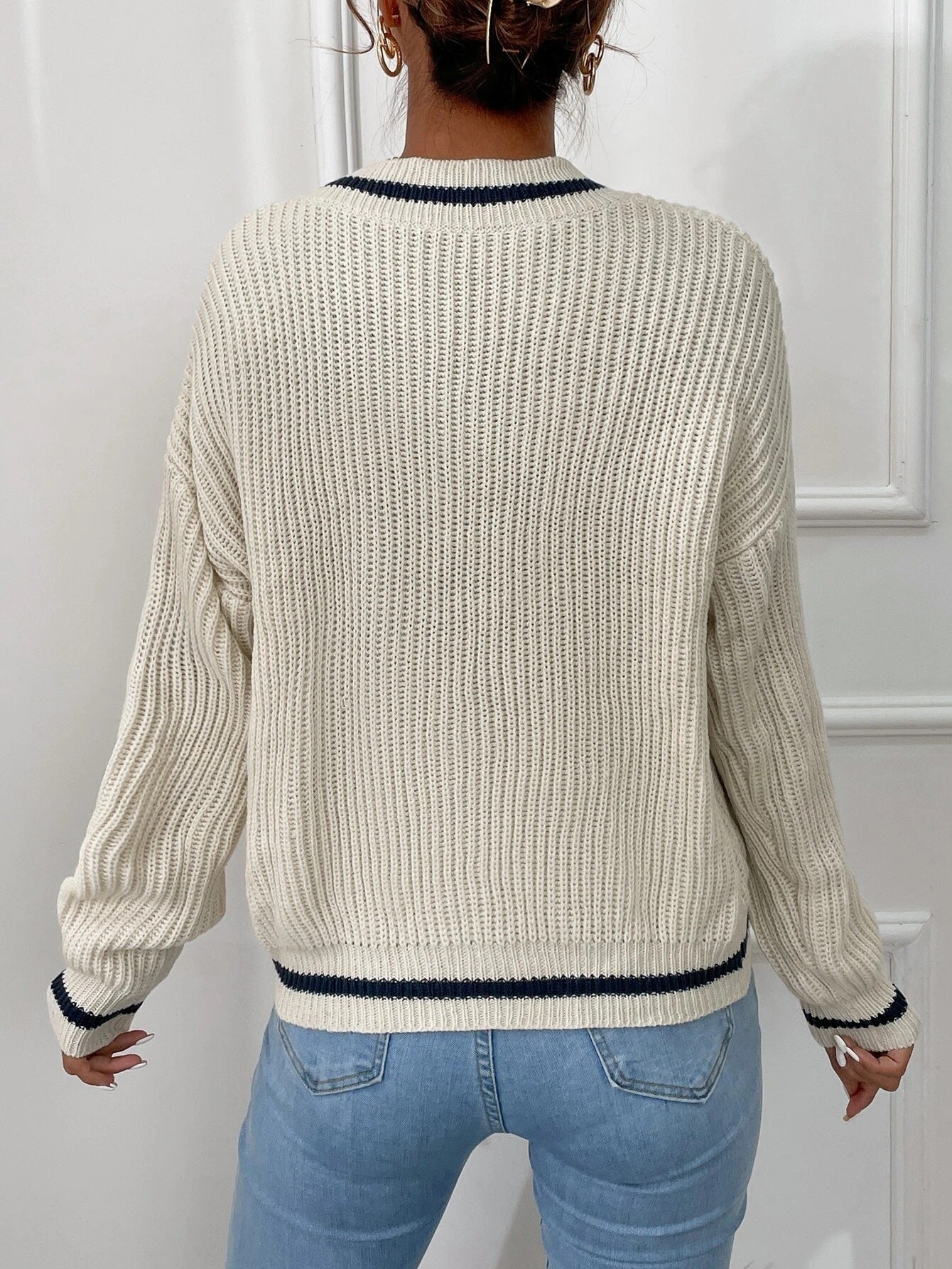 Winter Knit V Neck Long Sleeve Striped Sweater Jumper Top