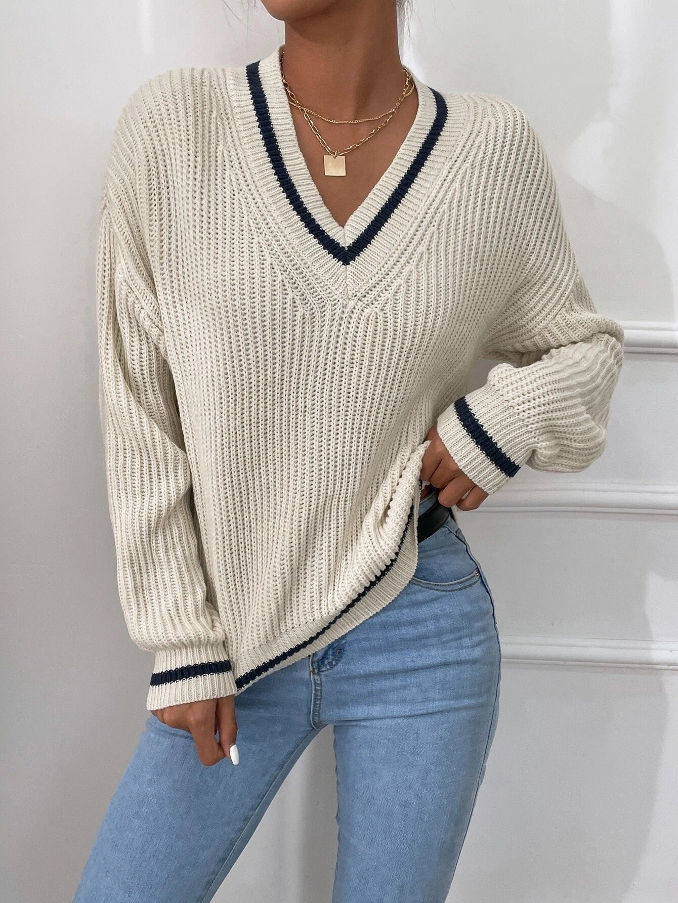 Winter Knit V Neck Long Sleeve Striped Sweater Jumper Top