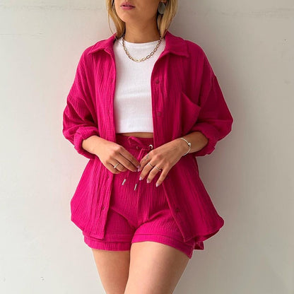 Spring Long Sleeve Shirt & High Waist Drawstring Shorts