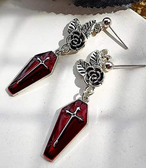 Vintage Gothic Style Rose & Cross Coffin Earrings