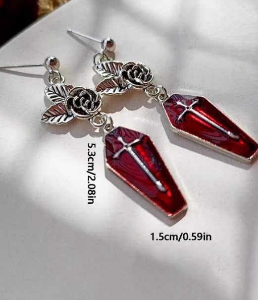 Vintage Gothic Style Rose & Cross Coffin Earrings