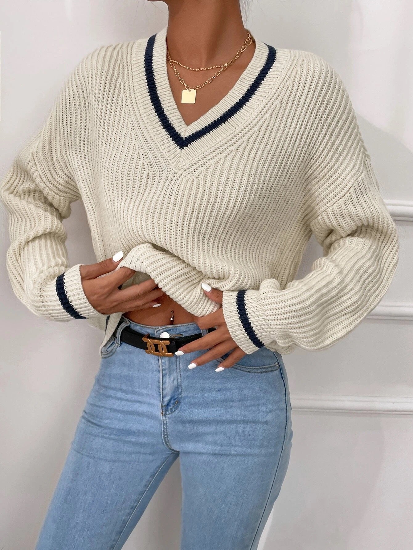 Winter Knit V Neck Long Sleeve Striped Sweater Jumper Top