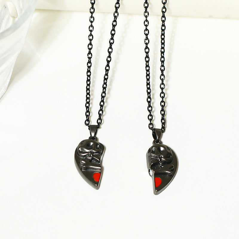 Magnetic Stitching Love Skull Couple Necklace