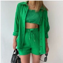 Spring Long Sleeve Shirt & High Waist Drawstring Shorts