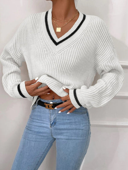 Winter Knit V Neck Long Sleeve Striped Sweater Jumper Top