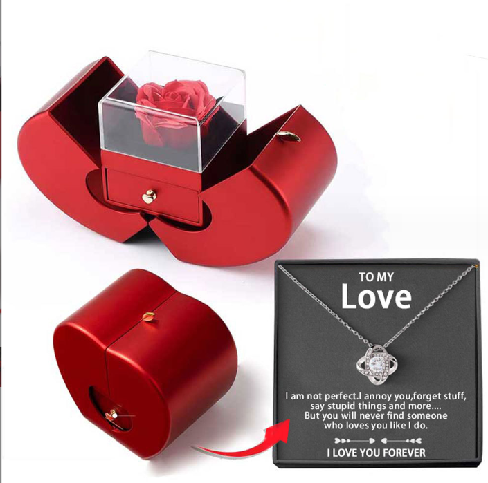 Necklace Encased in an Eternal Rose Red Apple Jewelry Box