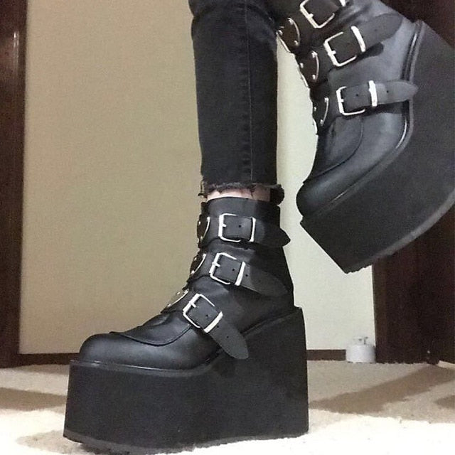 Purpdrank Gothic Women's Knee High Platform Buckle Boots