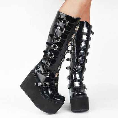 Purpdrank Gothic Women's Knee High Platform Buckle Boots