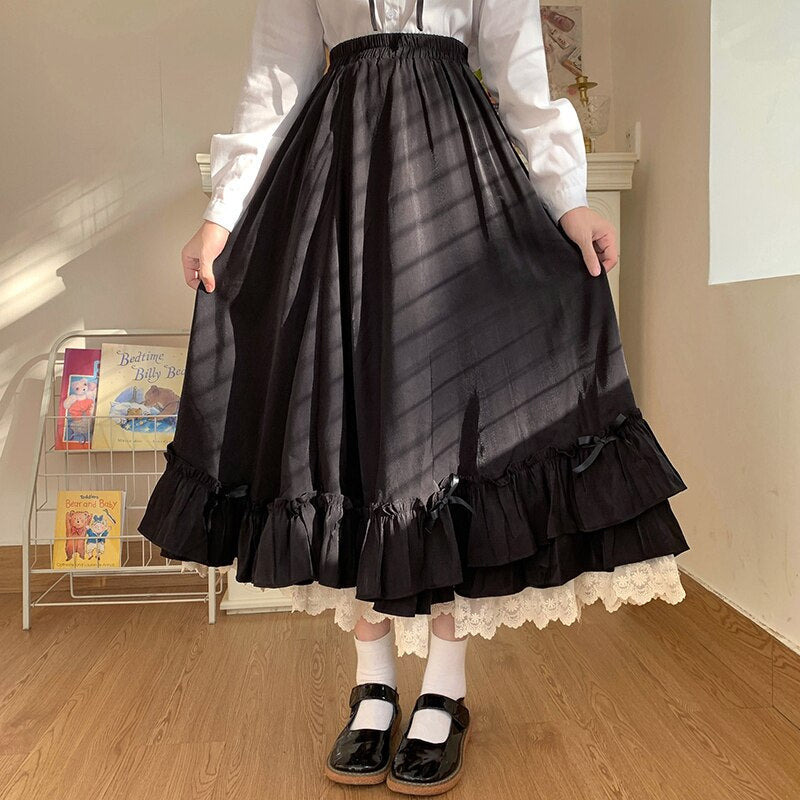 Gothic Vintage Harajuku Velvet Pleated High Waist Lace Ruffles Skirt