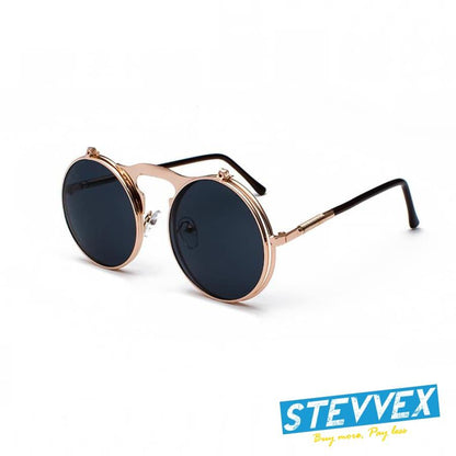 Retro Vintage Steampunk Flip Round Metal Frame Sunglasses